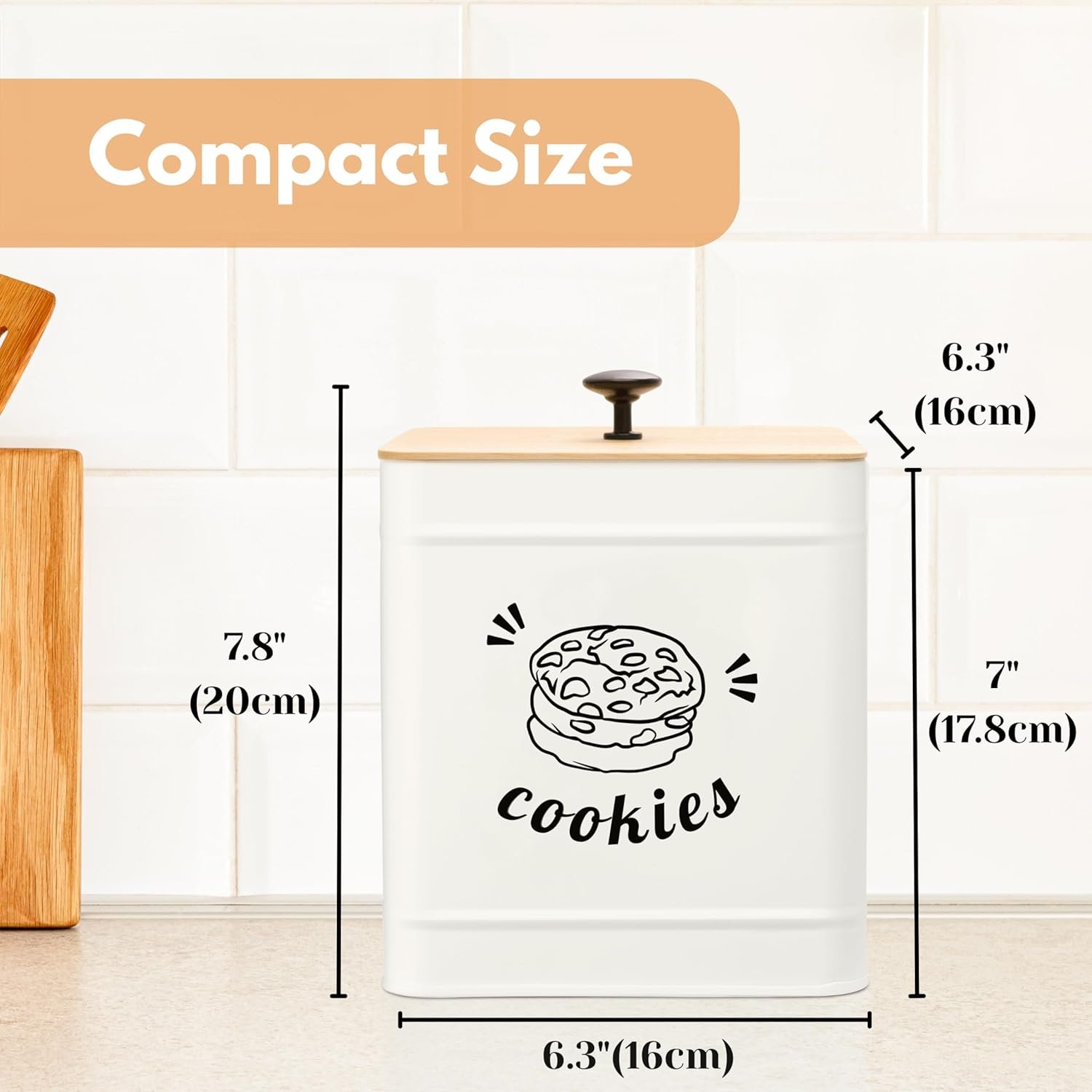 PERFNIQUE 3.5L Cookie Jar with Lid Airtight, Cookie Tin with Bamboo Lid, Cute Cookie Jars for Kitchen Counter Decorative, Food Storage Container for Candy, Cookies, Dessert, Farmhouse Home Decor - White image number 2