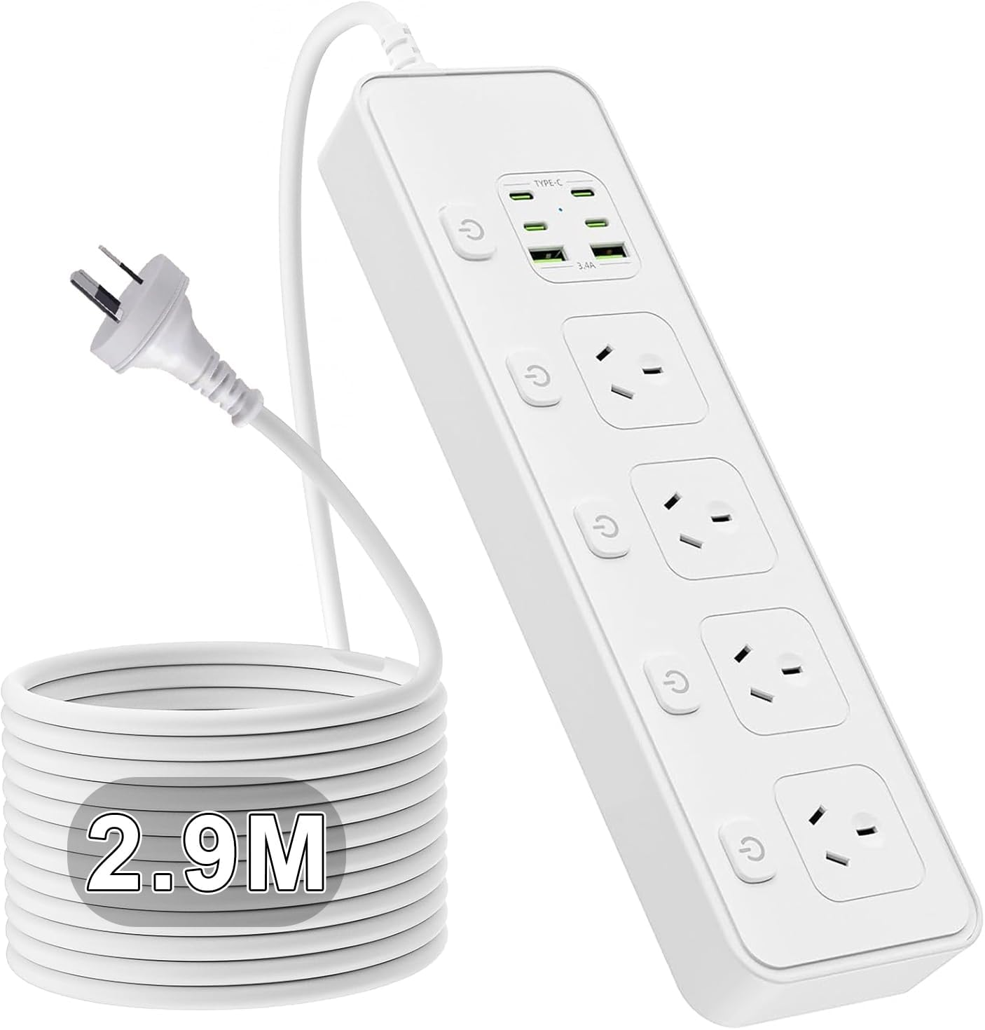 Power Board 3250W with Individual Switch,10-In-1 Power Strip with 4 AC Outlets, 6USB Ports(4 USB C) Surge Protector Powerboard, 2.9M Extension Cord Power Strip,Wall Mount for Home Office (Black)