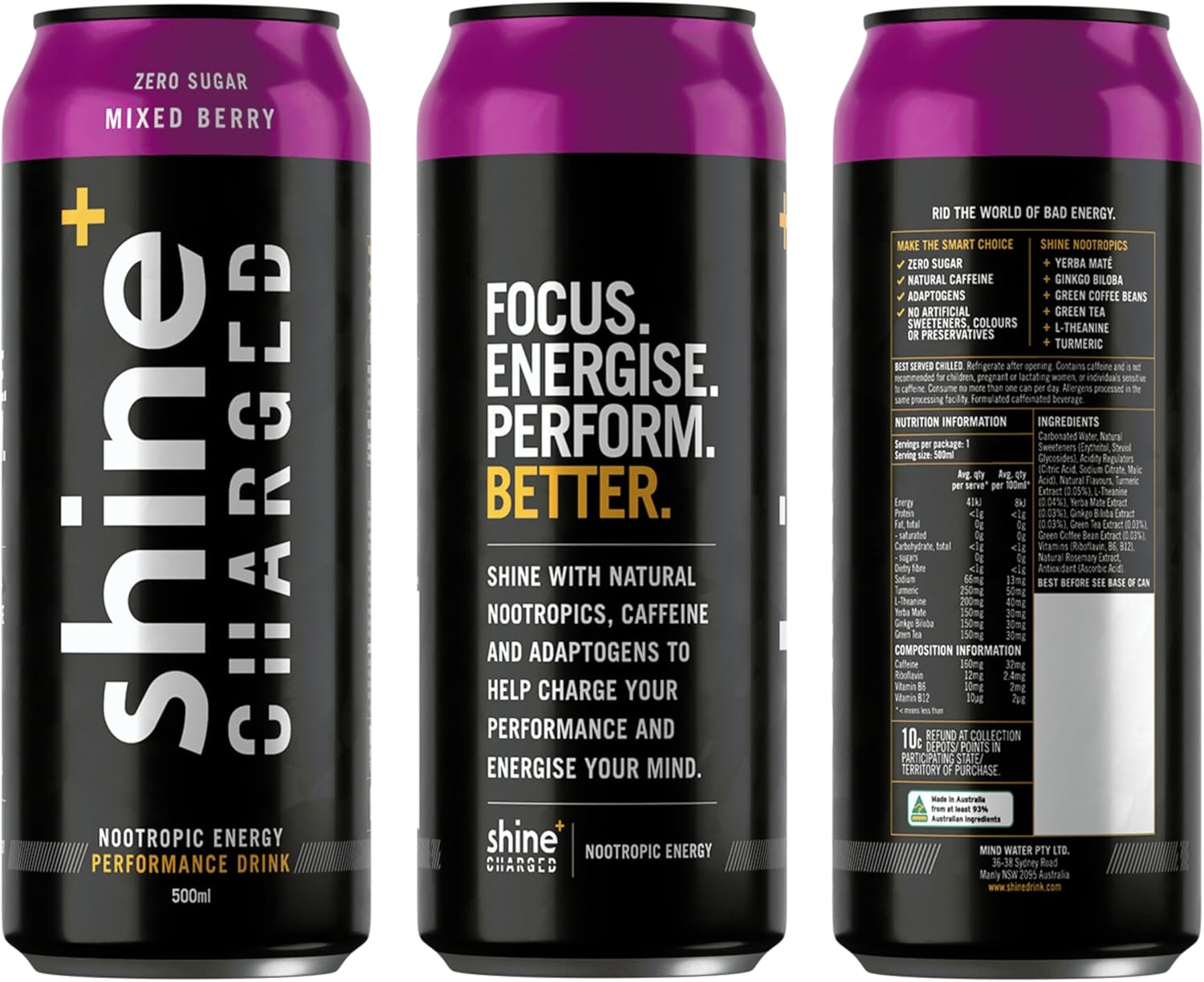 Shine Charged Healthy Energy Drink Carbonated Mixed Berry - Sugar Free Performance Yerba Mate Nootropic, Natural Caffeine, Adaptogens & B Vitamins, 12 X 500Ml image number 4