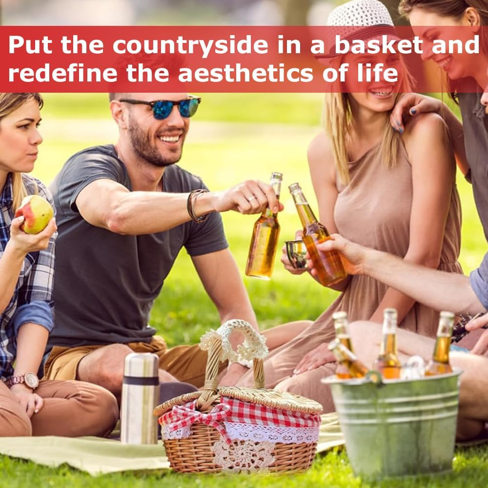 Picnic Basket, Woven Wicker Baskets,Hand Knit Storage Container,Portable Camping Organization,Handheld Rattan Decorative Hamper,Weaving Hamper,With a Picnic Mat image number 3