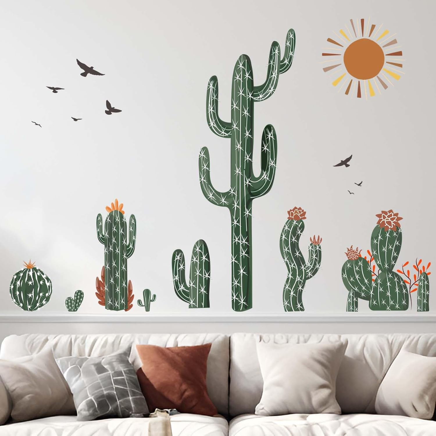 Amimagen Boho Cactus Wall Stickers - Green Plants Tropical Desert Cacti Wall Decals - Bedroom Living Room Sofa TV Background Home Wall Decor