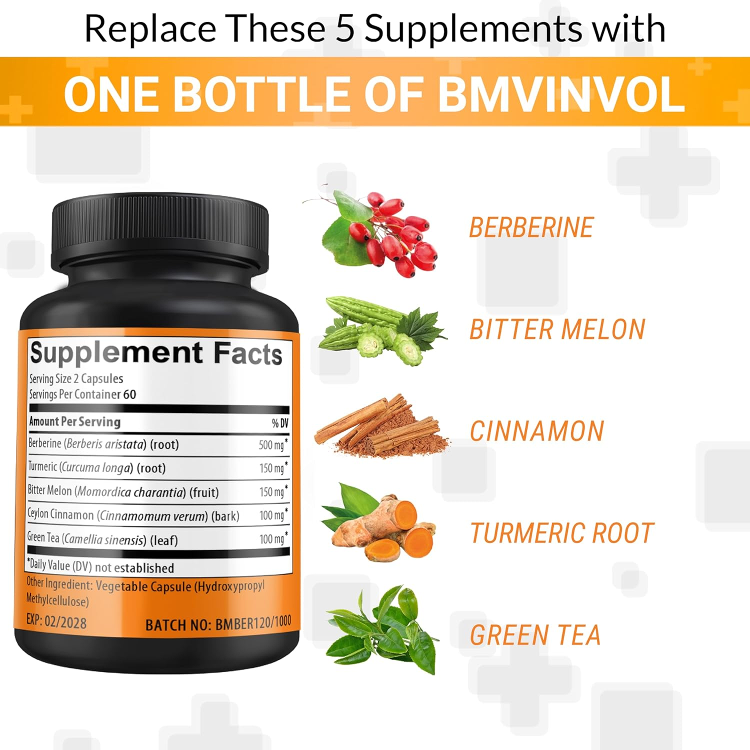 Berberine Supplement with Ceylon Cinnamon Bitter Melon Turmeric Green Tea Supports Immune System - 120 Vegan Capsules - 4 Month Supply image number 3