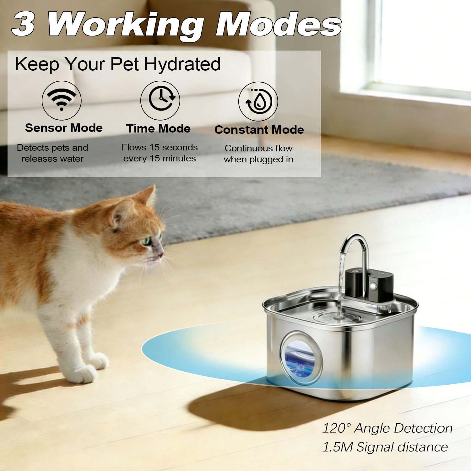 Wireless Cat Water Fountain Stainless Steel, 3.2L/108Oz Pet Water Fountain for Cats inside with Level Window, Ultra-Quiet Pump Pet Dispenser with Five Filters for Cats,Dogs, Dishwasher Safe (Silvery) image number 1