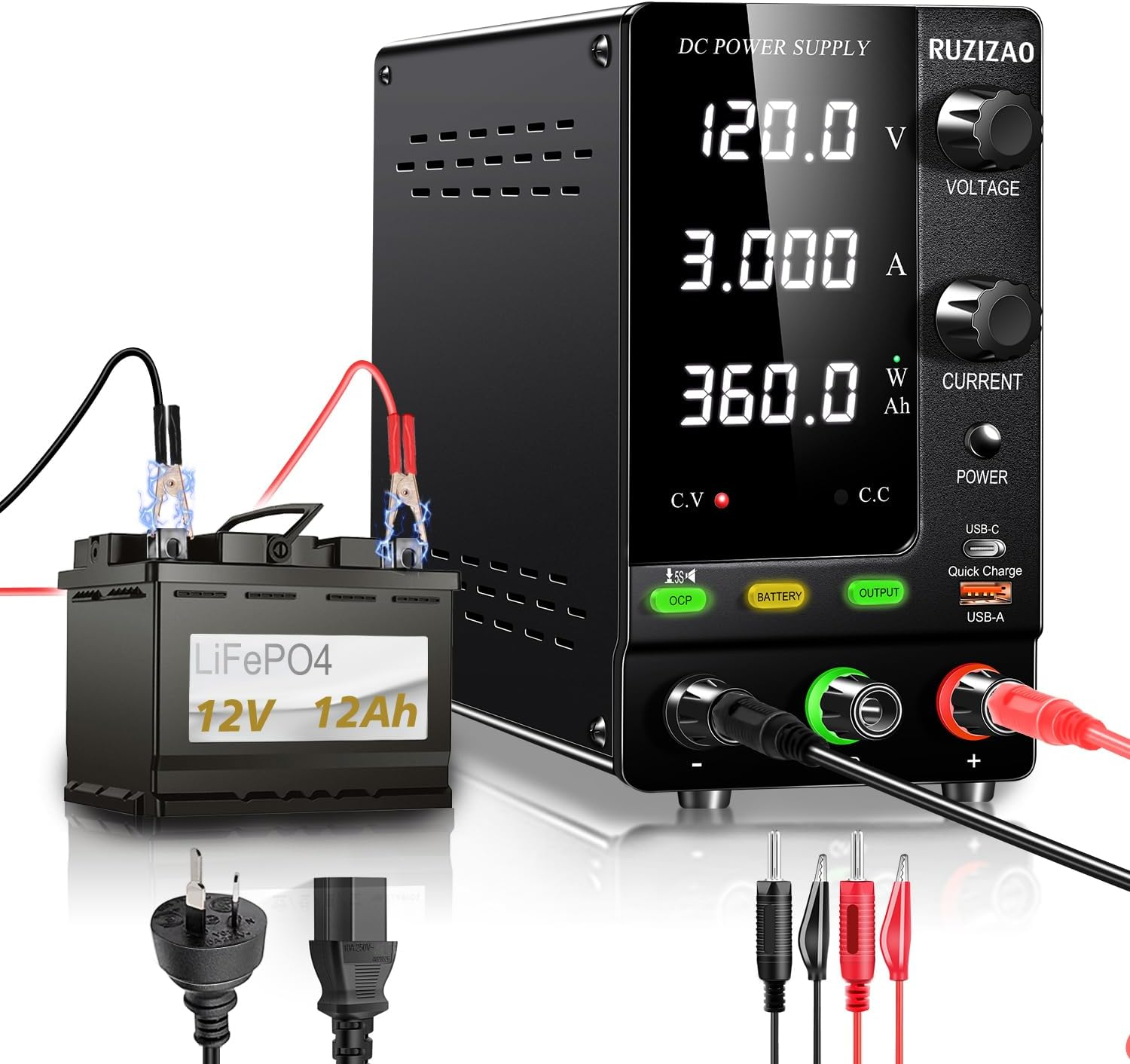 DC Power Supply Variable 120V 3A,360W Encoder Adjustable 1V~100V Lifepo4 Lithium Ion Etc. Battery Charger Regulated Lab Bench Power Supply Output Switch/Ocp Function/Quick Charge Port(Ac 220V) image number 3