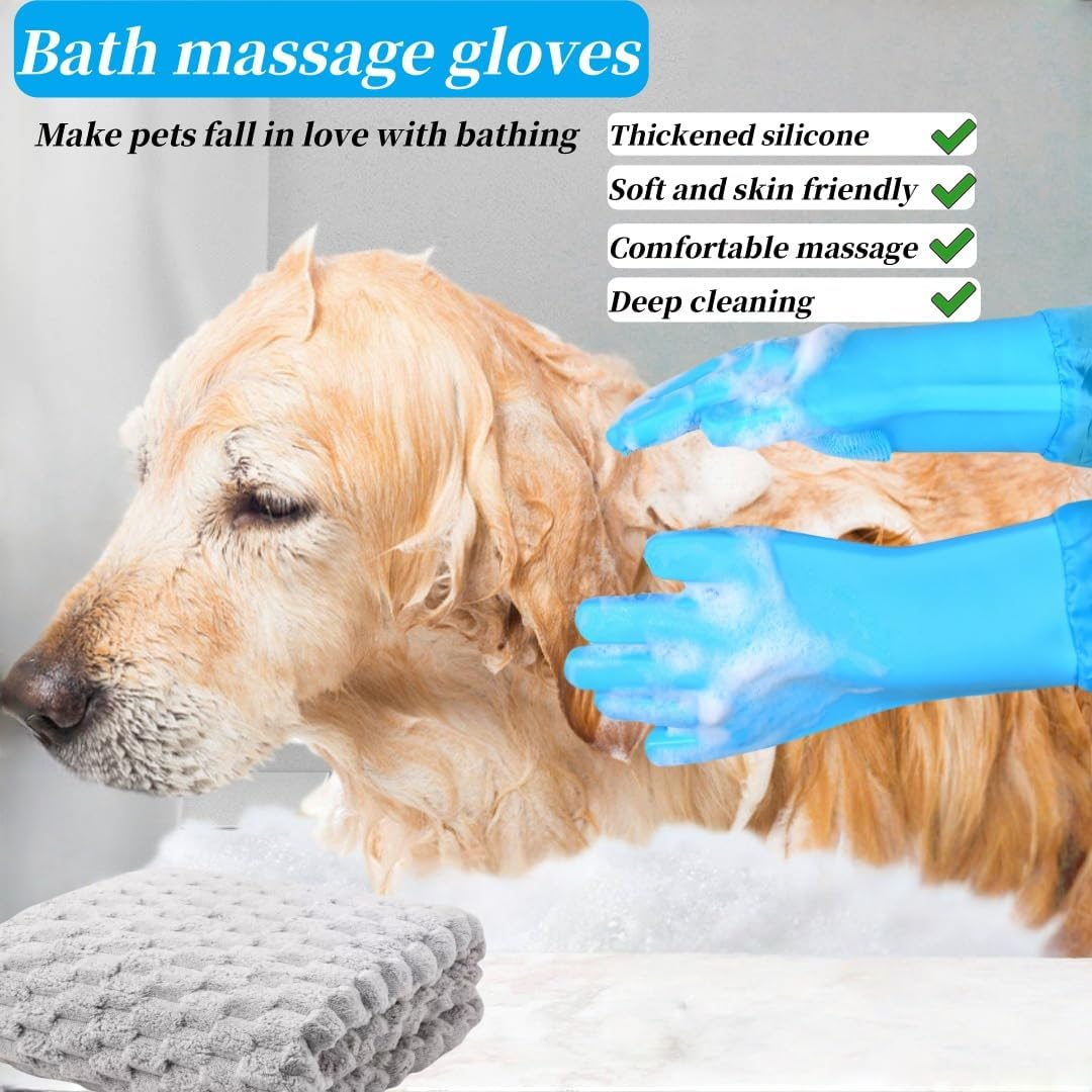 Bryzant Pet Grooming Gloves Extended Heat-Resistant High-Density Comb Silicone Gloves for Bathing Hair Removal and Massage for Dogs and Cats (Blue) ﻿