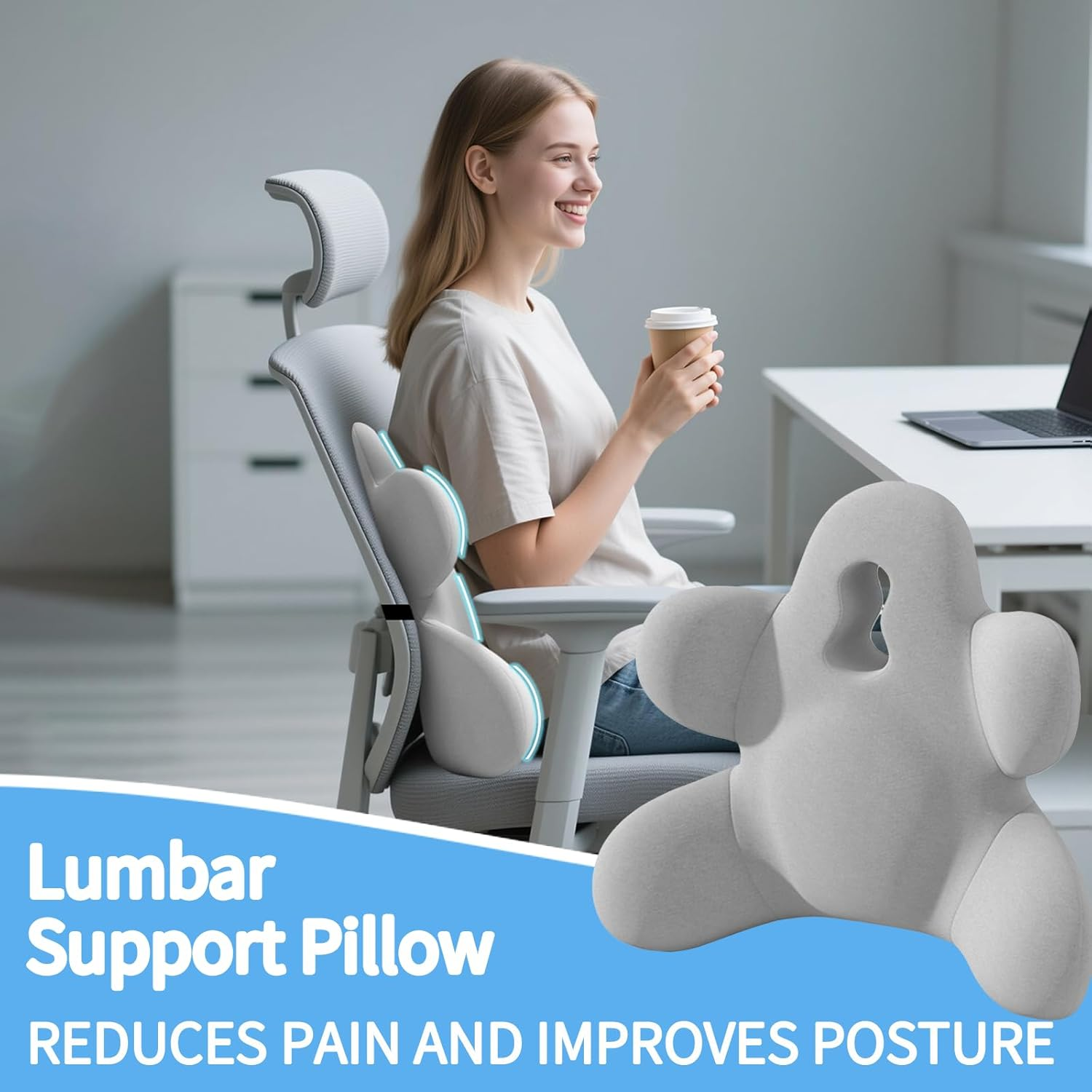 Lumbar Support Cushion for Pain Relief, Lower Back Support Pillow with Adjustable Strap, Ergonomic Memory Foam Back Rest Cushion for Office Chair & Car Seat (Grey) - Grey image number 4