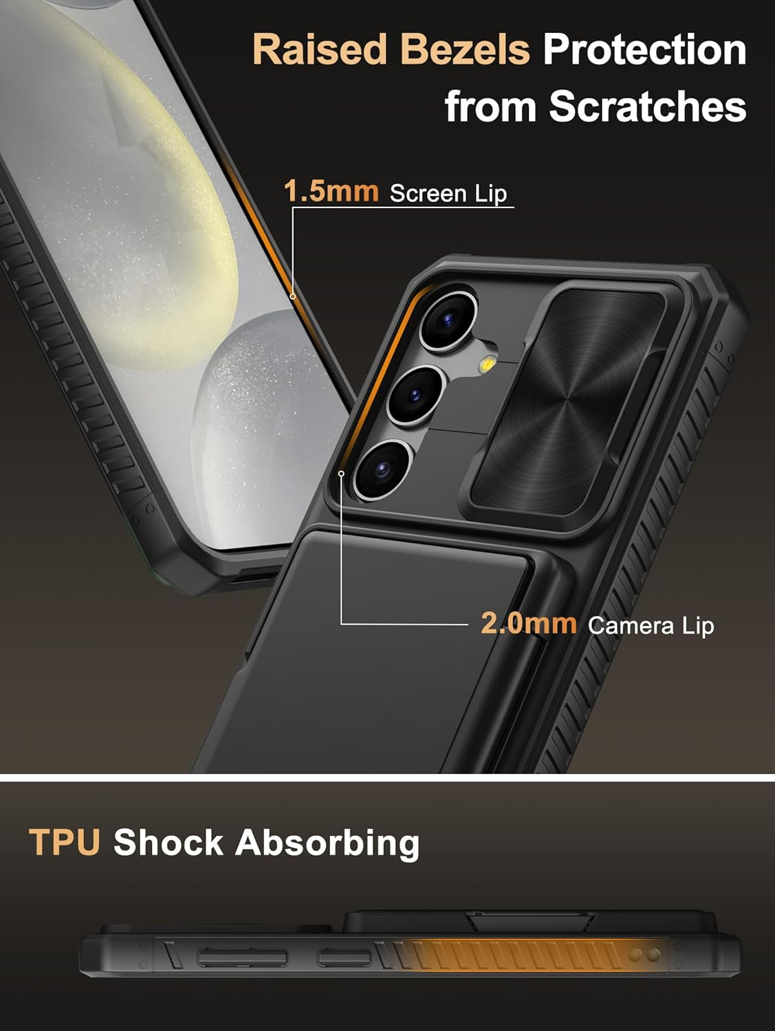 Vihibii for Samsung Galaxy S24 plus Case with Card Holder (4 Cards) & Slide Camera Cover & Kickstand, Shockproof Rugged Hard Back & TPU Soft Edge Wallet Case for Galaxy S24 plus 5G 6.7" 2024, Black image number 5