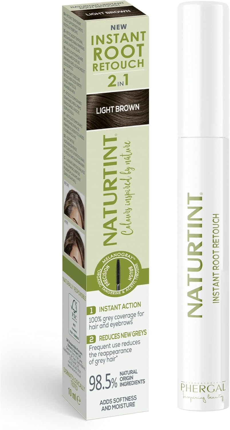 Naturtint Instant Root Retouch | Temporary Grey Hair Touch-Up for Roots and Eyebrows | Practical and Comfortable Thanks to the Brush | 98.5% Natural Ingredients | Light Brown | 10 Ml