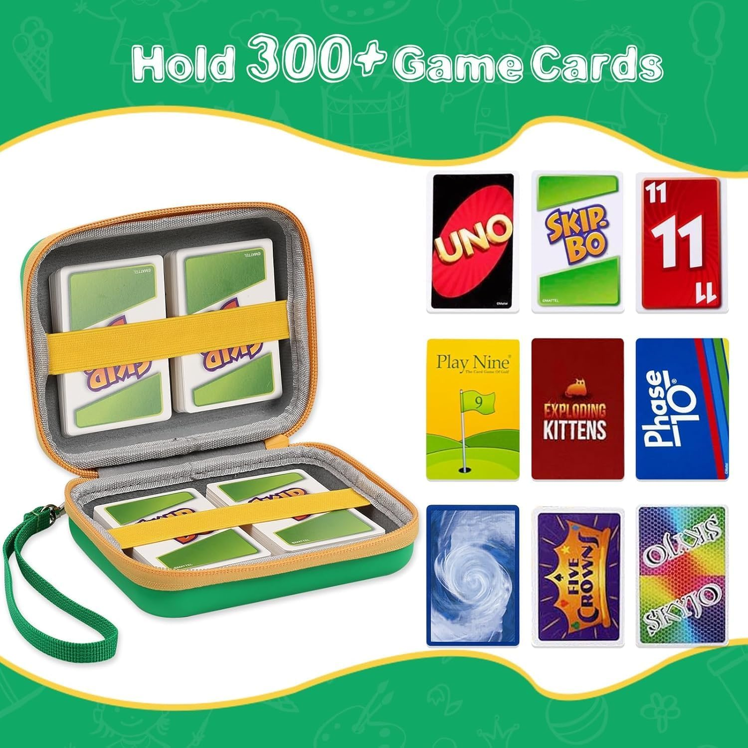 ZIENVE Storgae Card Carrying Case Compatible with UNO Card Case, Playing Card Case, Game Card Holder, Travel Hard Case Capacity Max for 300 Cards, Green image number 4