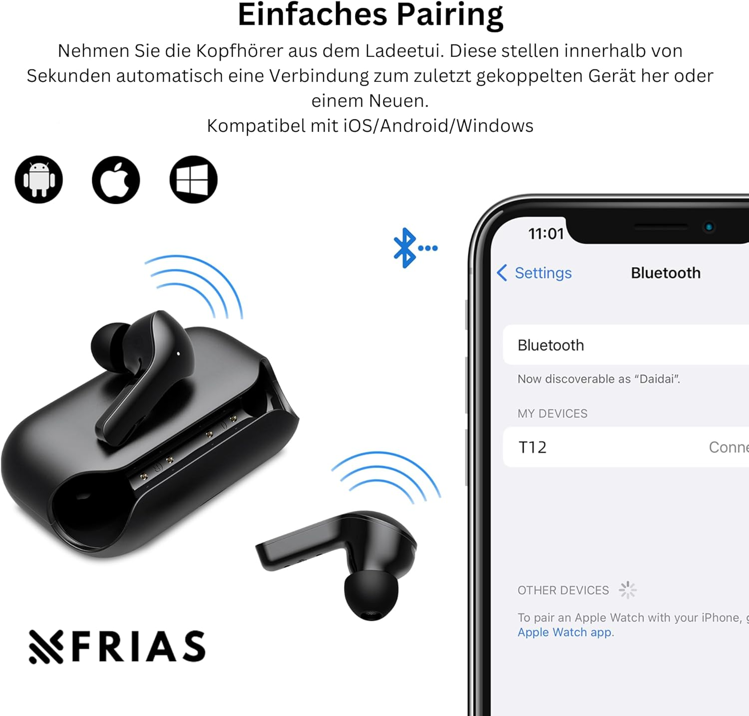 FRIAS Bluetooth Headphones In-Ear Headphones Wireless up to 6 Hours Battery Life Earbuds Suitable for Apple, Android Wireless Headphones Water-Repellent Noise Cancelling, Eqsmart, IPX5 image number 4