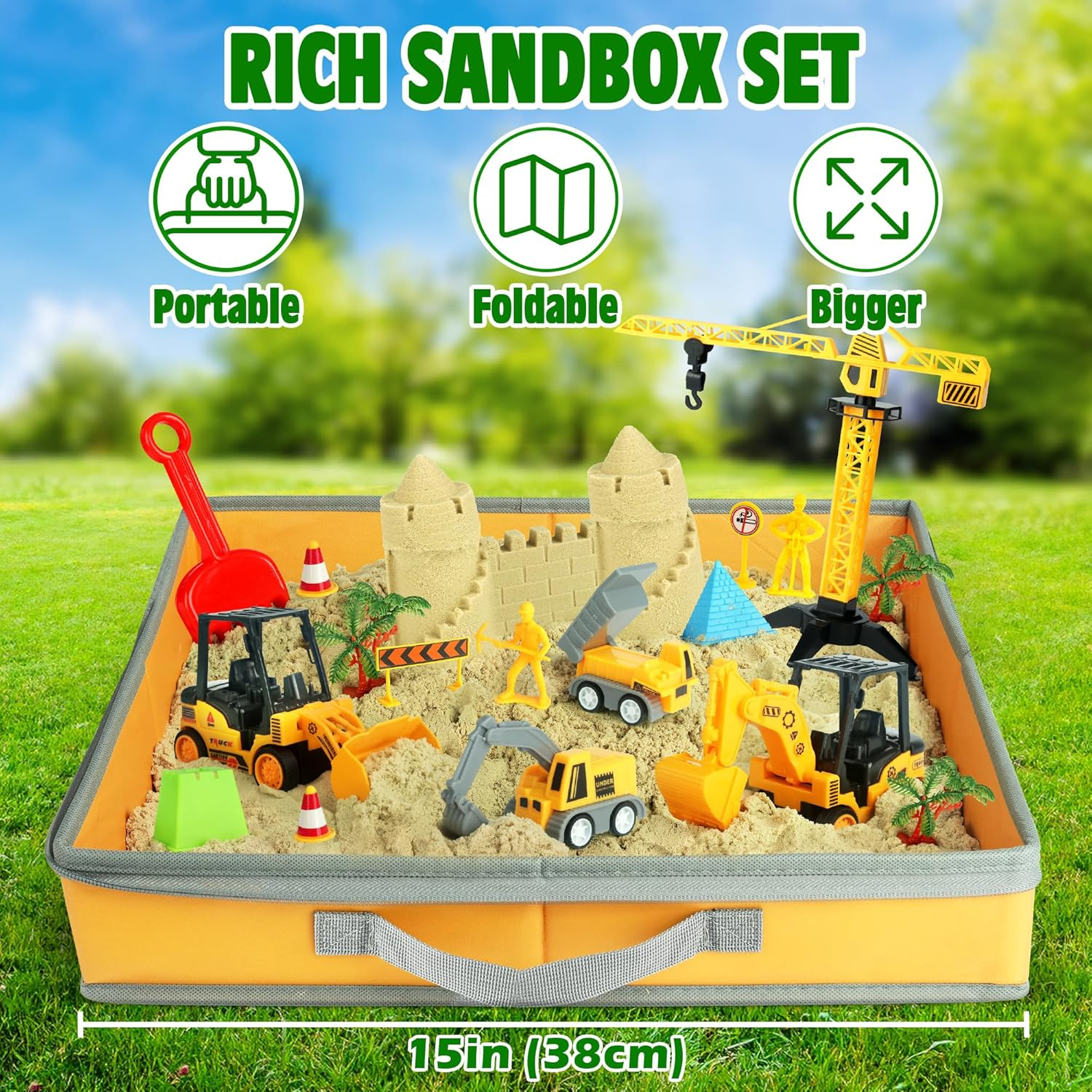 Billeeit Sand Construction Kit with a Big Foldable Sandbox and 2.2Lbs Magic Sand, Truck Sand Construction Toys Including Castle Molds and Other Accessories 36Pcs Total, Play Sand Art Set for Kids 3+ image number 3