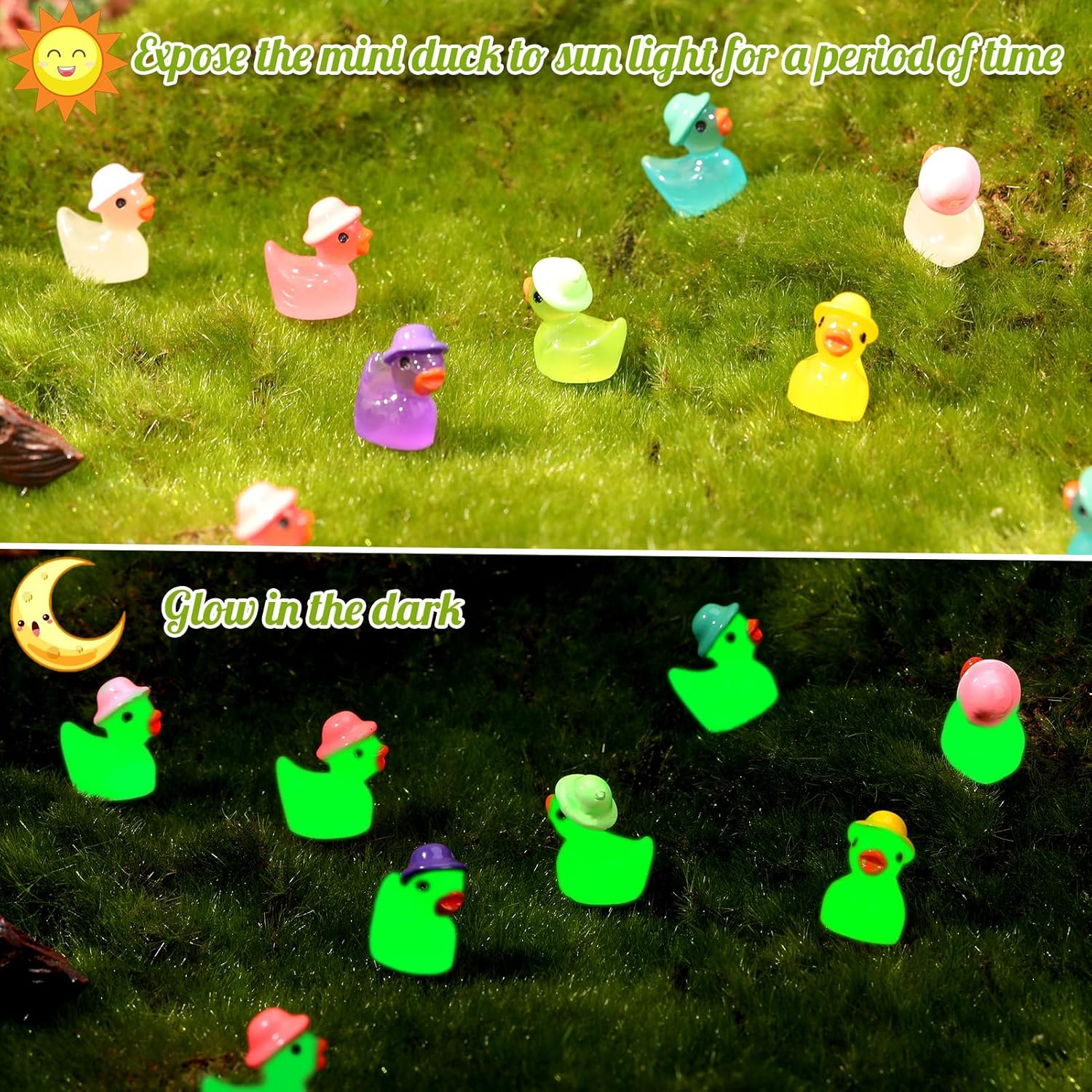 GGSTDDUP 80 Pack Luminous Mini Resin Ducks, Mini Ducks Tiny Duck Miniature Duck Figures Wearing Hat, Glow in the Dark DIY Crafts Cake Decor for Micro Landscape Dollhouse Garden (8 Colors) image number 3