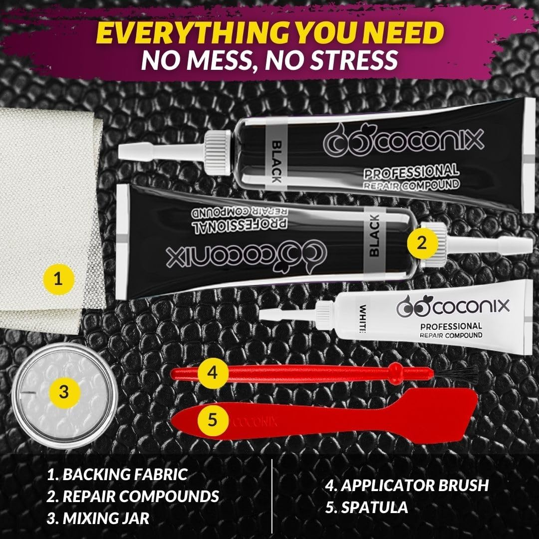 Coconix Leather & Vinyl Repair Kit - Black & Gray | Fix Tears, Holes, Scratches, and Peeling on Leather and Vinyl Furniture, Car Seats, and Jackets | Easy Application with Customizable Colors image number 3