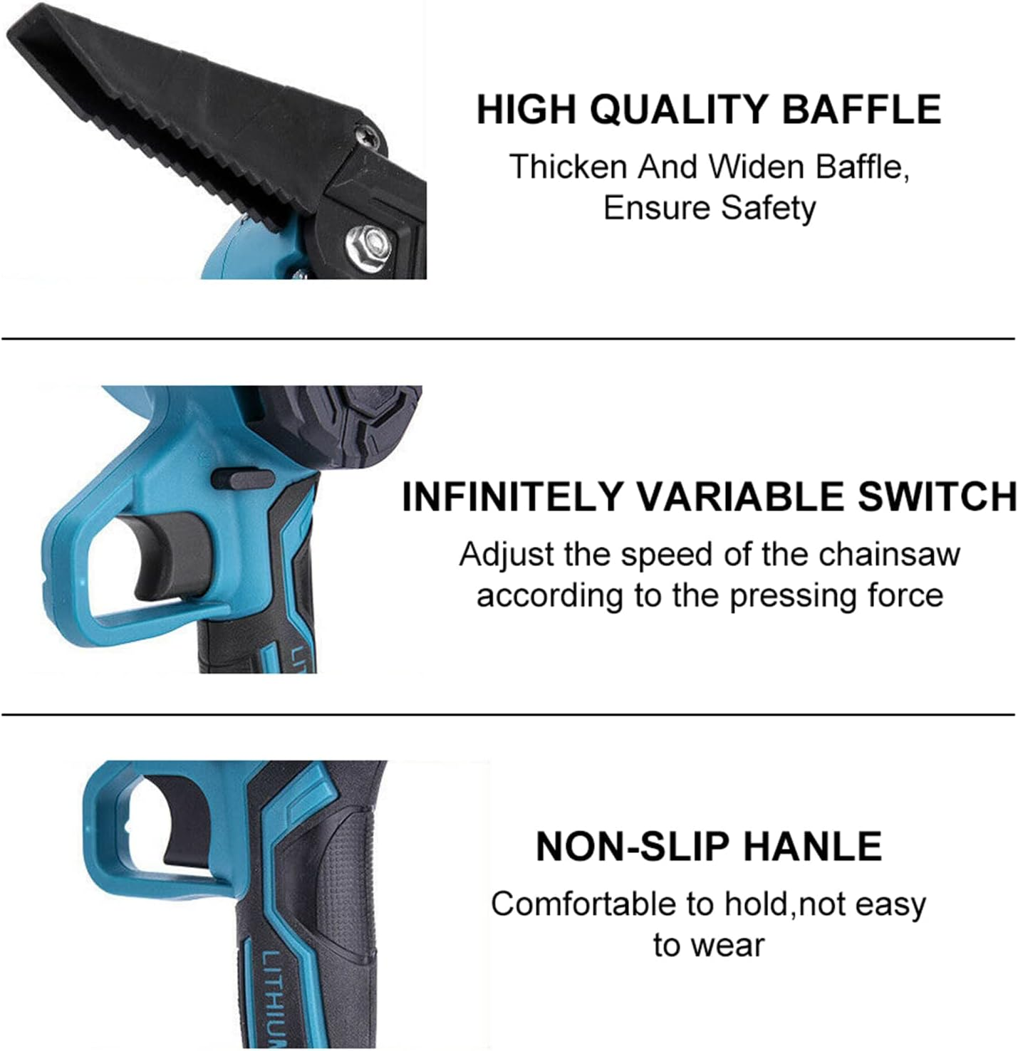 6" Mini Chainsaw Cordless Electric Pruning Shears One-Handed Portable Chain Saw with 2 Battery 2 Chains Safety Lock Gloves Brushless Motor for Branch Wood Cutting Garden Tree Logging Trimming Blue image number 2