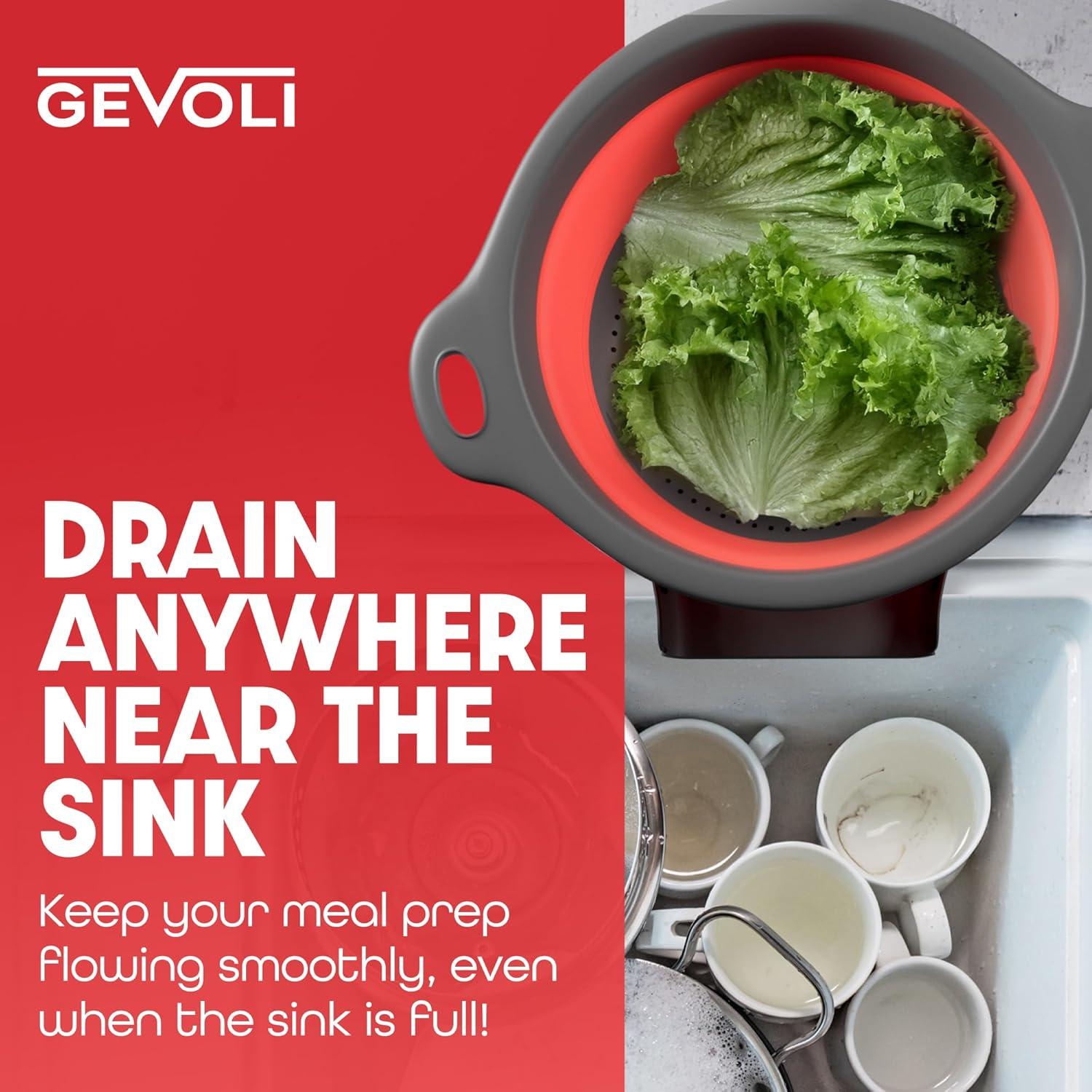 Collapsible Colander Food Strainer with Over-Sink Self Draining Base for Pasta Fruits and Vegetables, round Foldable Draining Basket Grey/Red image number 7