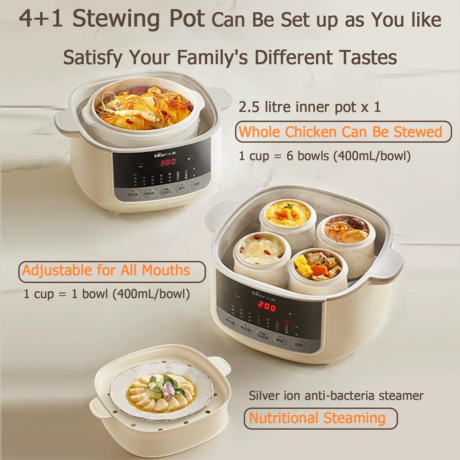 Bear Multi-Functional Electric Stew Pot, 4.1L Micro-Pressure Cooker with 24H Appointment & 8H Keep Warm, Ideal for Soup/Stew/Porridge (Chinese Panel) image number 3