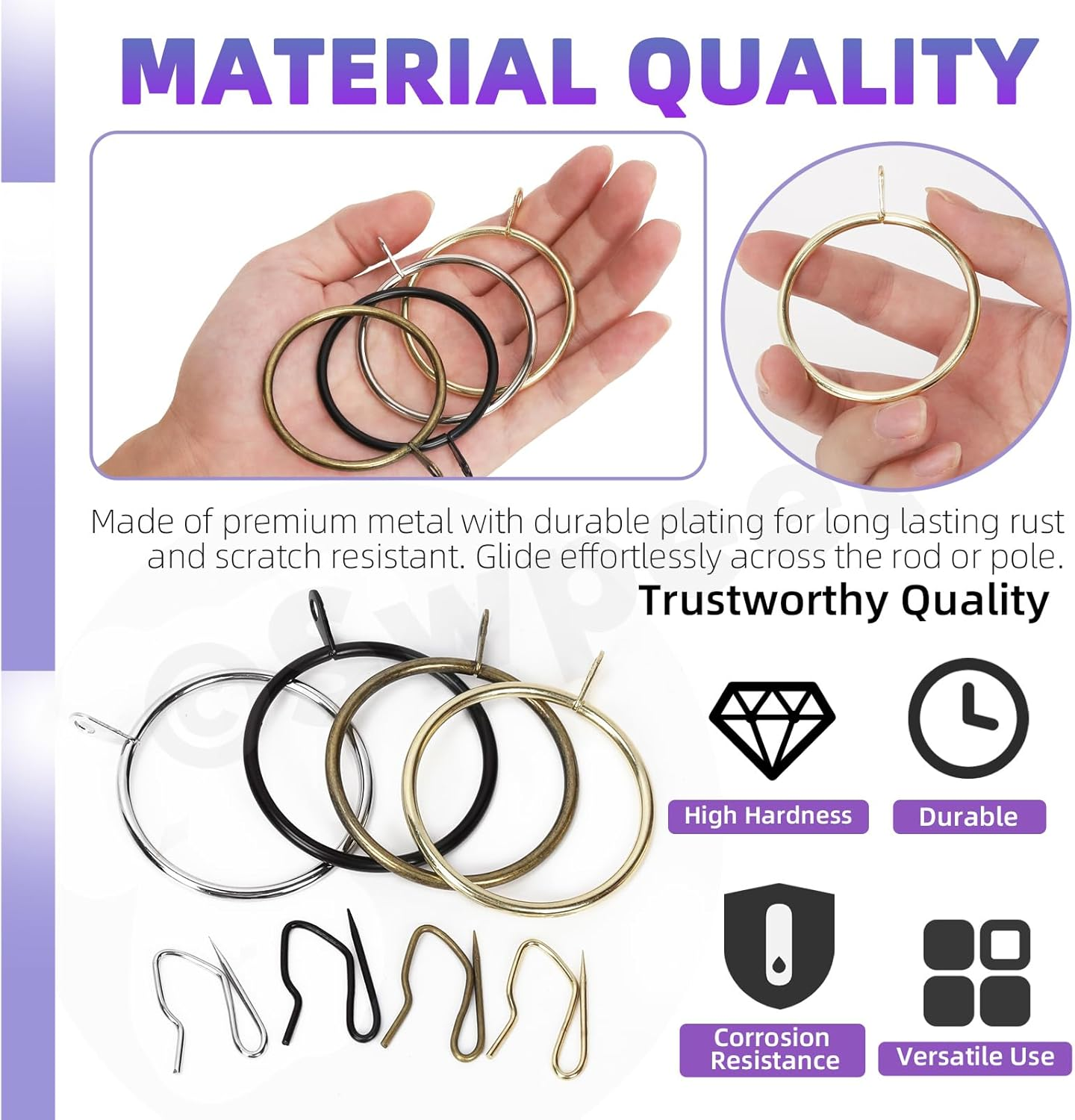 Swpeet 60Pcs 50Mm/2" Inner Diameter Black Metal Curtain Ring with Pin-On Drapery Hooks Assortment Kit, Drape Sliding Eyelet Ring Metal Curtain Hooks, for Window Door Shower Curtain image number 2