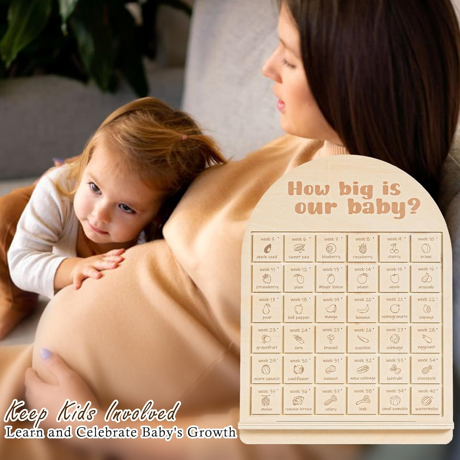 Pregnancy Tracker Board &ndash; Weekly Baby Size in Fruits & Veggies, Congratulations Pregnancy Gifts for Expecting Mom, Expecting Parents-To-Be, Baby Countdown, Mom-To-Be Gift for Pregnant Women or Couple image number 1