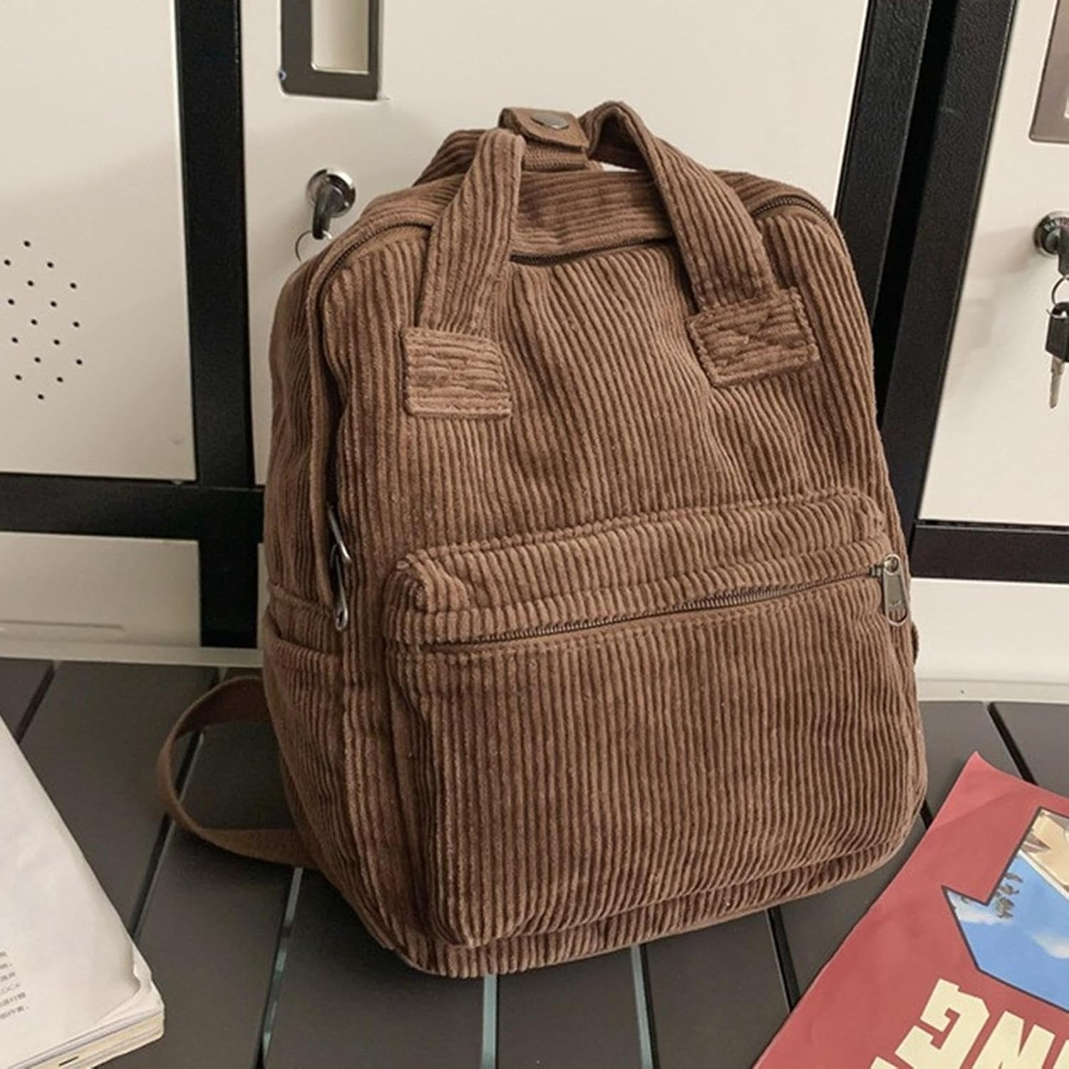 Large Corduroy Bookbag, Corduroy Laptop Backpack, Book Bag Purse with Handle, Laptop Bag for Girls, Aesthetic Backpack, Small Backpack Purse, Large Capacity for High - Brown image number 3