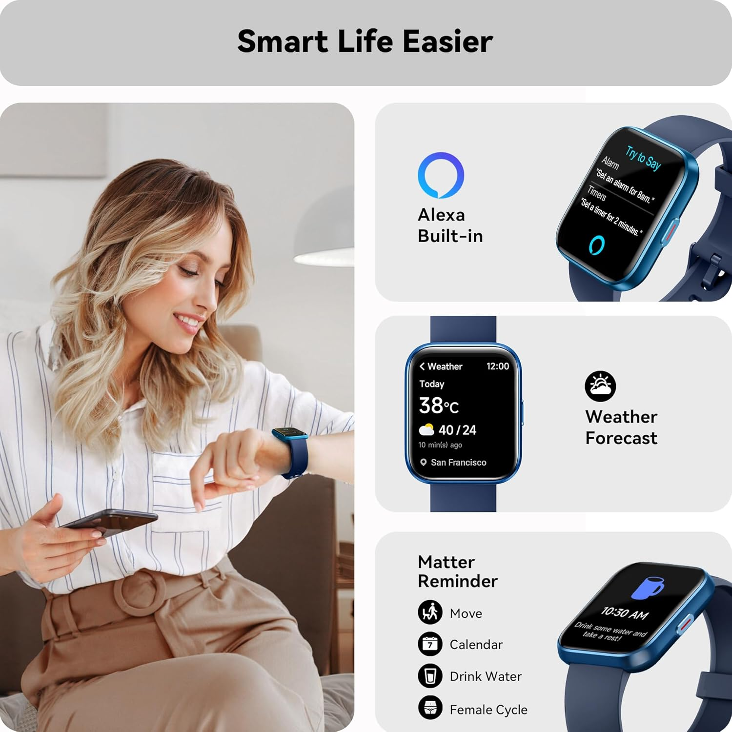 Smart Watch for Women Men, Smart Watch (Answer/Make Call),1.8" Full Touch Alexa Built-In Fitness Watch with Sleep/Stress Monitor, IP68 Waterproof Smartwatch for Android Ios (Blue) image number 1