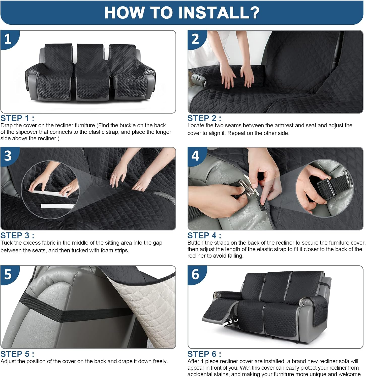 TAOCOCO Recliner Sofa Slipcover Couch Covers for 3 Cushion Couch, Pet Sofa Cover for 3 Seat Recliner Sofa, Washable Reclining Sofa Cover Furniture Protector with Elastic Straps(3 Seater, Black) image number 5