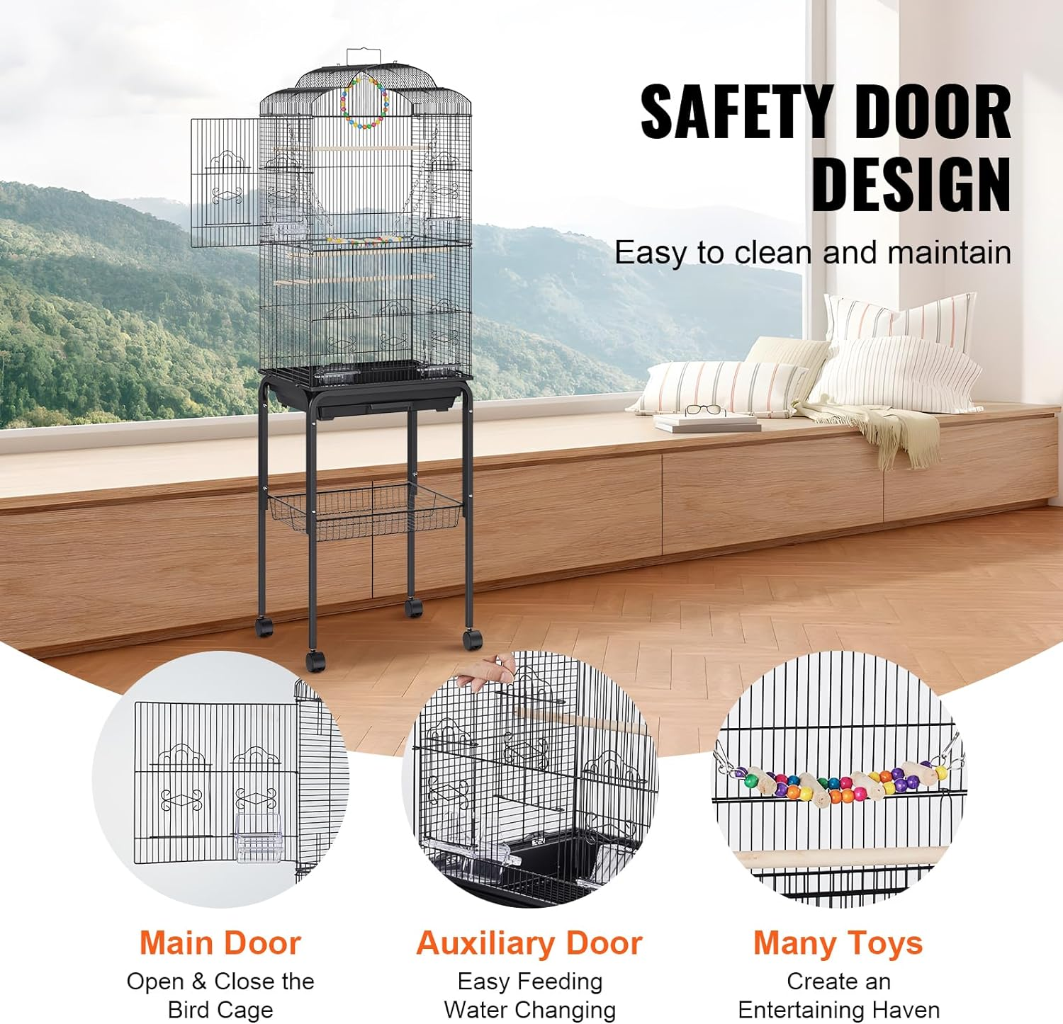 VEVOR 60 Inch Flight Bird Cage, Metal Large Parakeet Cages for Cockatiels Parrot Budgies Lovebirds Canaries, Pet Big Bird Cage with Rolling Stand and Hanging Toys image number 3