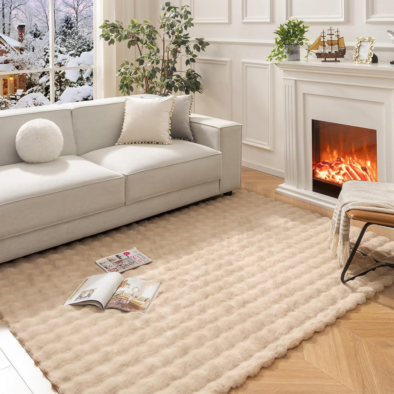 Fluffy Area Rug for Living Room, Luxury High Pile Shaggy Faux Fur Bubble Rugs for Bedroom, Modern Indoor Machine Washable Plush Carpet Anti-Skid Floor Mats for Home Decor (Beige, 120X180Cm)