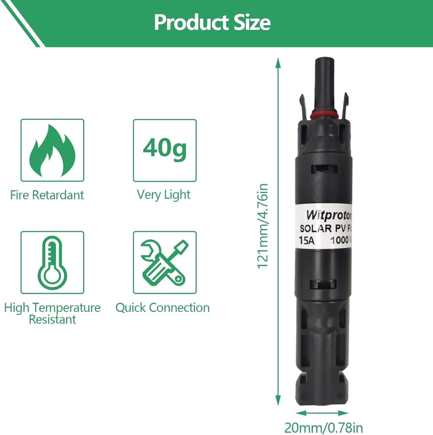 15A Solar In-Line Fuse Holder, IP68 1000V for Solar Panel and Inverter in Photovoltaic System, Male and Female Connector with 1 Fuse image number 2
