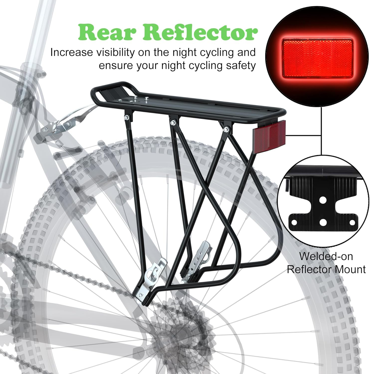 Bike Cargo Rack W/Bungee Cargo Net & Reflective Logo Universal Adjustable Bicycle Rear Luggage Touring Carrier Racks 55Lbs Capacity Quick Release Mountain Road Bike Pannier Rack for 26"-29" Frames image number 2