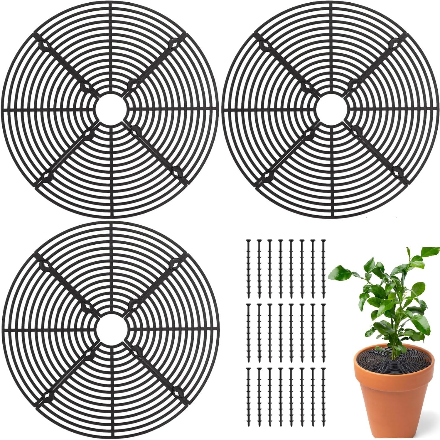 Leanockesa 3Pcs Plastic Grid Plant Pot Cover with Stake, Plant Pot Protector for Soil & Drainage, Reusable Garden Mesh Covers for Indoor Outdoor Potted Plants(Black)