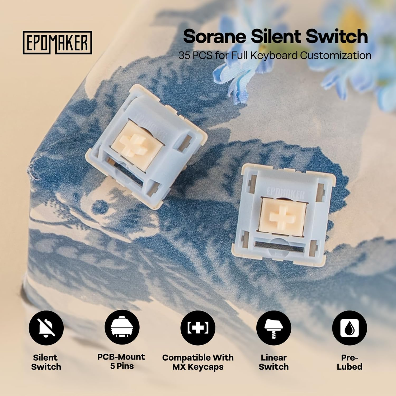 EPOMAKER Sorane 39Gf Gaming Keyboard Switches Set, 35 PCS Linear Silent Switch, 5-Pin Pre-Lubed Switch, with PC Case, POM Stem, Compatible with MX Keycaps for Mechanical Keyboard