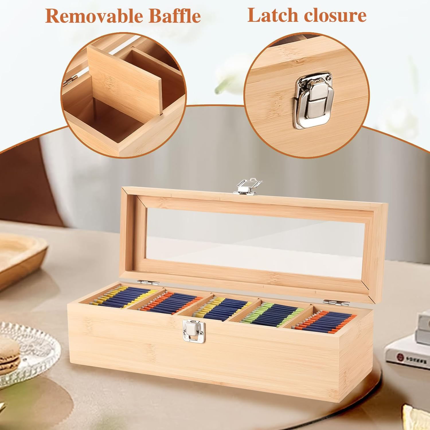 Tea Bag Organiser,Bamboo Tea Box,5 Compartments Tea Organiser,Tea Organiser Box with Clear Window,Tea Storage Containers, Tea Container for Tea Bags Coffee Spices Home image number 5