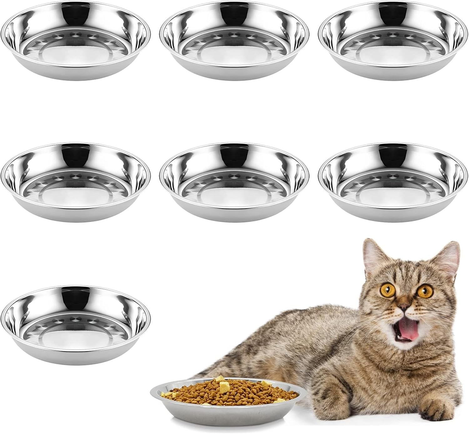 Kathson 8 Pcs Stainless Steel Cat Food Bowls, Replacement Whisker Relief Cat Metal Dishes, Shallow Wide Cat&Dog Food and Water Bowl Suitable for Pet Feeding Stand, Dishwasher Safe (7.00 Inch Dia.) image number 4