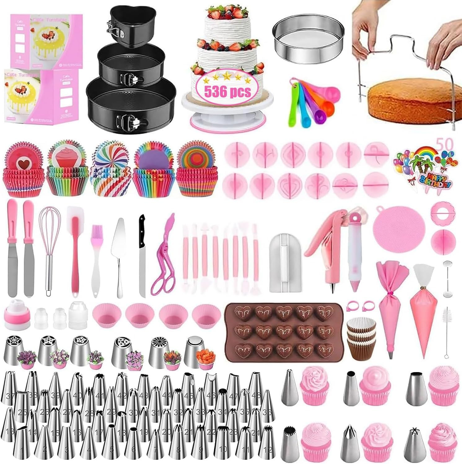 536PCS Cake Decorating Kit Baking Supplies with 3 Springform Pans Set, 60 Piping Tips, Cake Rotating Turntable, Spatulas, Fondant Tools and More, Cake Baking Supplies Set for Beginners and Cake Lovers image number 6