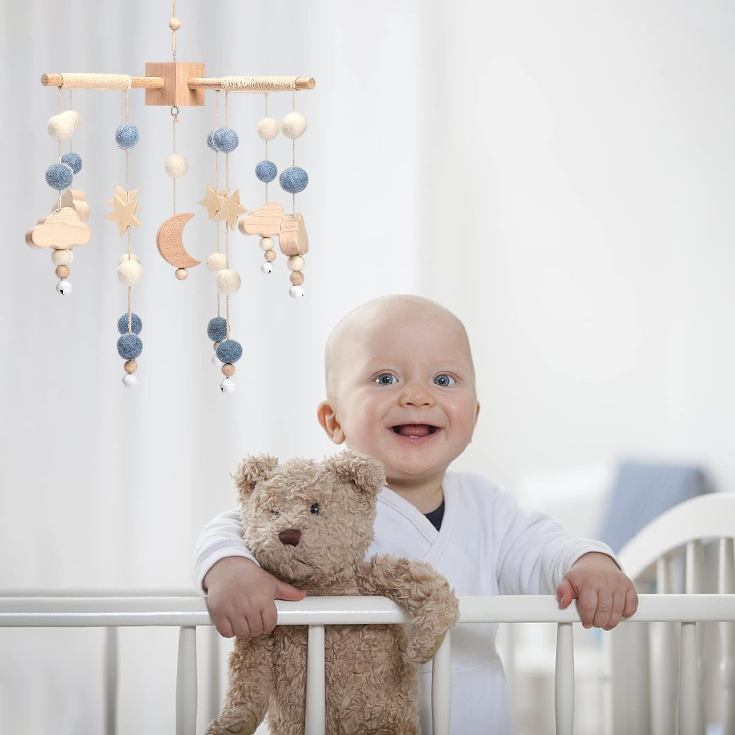 Promise Babe Clouds Wooden Baby Mobile - Blue Moon Design for Girl'S Bed - Fixed Floor Stand image number 4