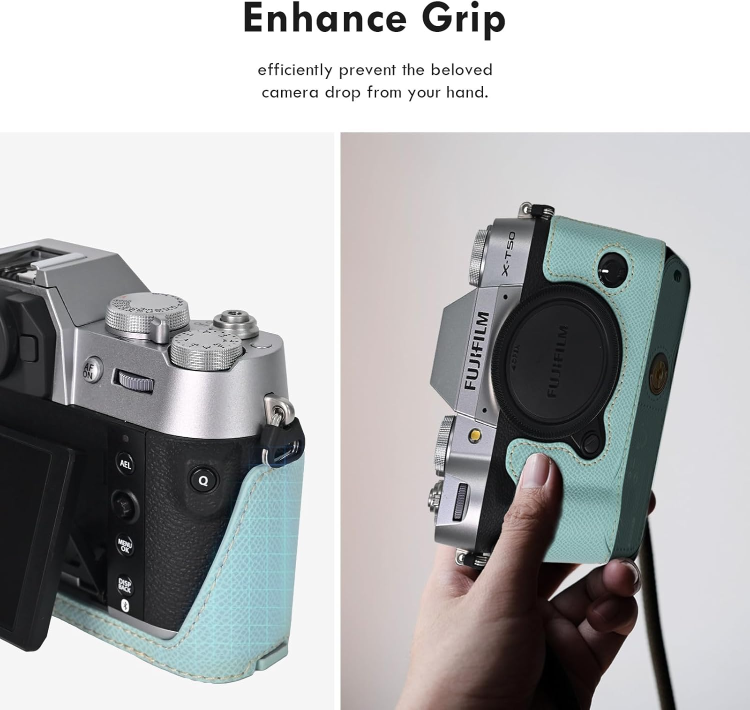 VOVMOEYA Camera Case for FUJIFILM X-T50 Mirrorless Digital Camera,Fuji XT50 Half Case with Soft Microfiber Inner,Function Well with 1/4"-20 Thread Hole Retro PU Leather Texture-Light Blue - Choc image number 4