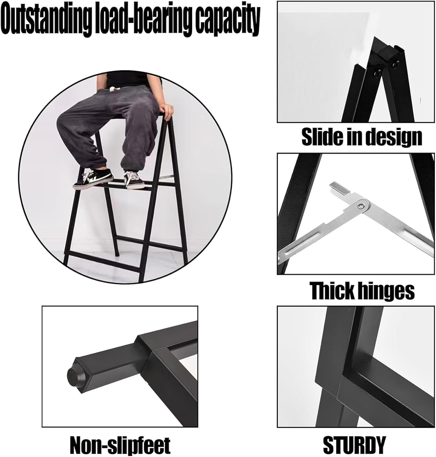 A Frame Sign Double-Sided, Folding Sandwich Board, Heavy Duty Slide-In Sidewalk Signboard, Metal Pavement Sign(Frame Only), Black 60 * 90 * 105Cm