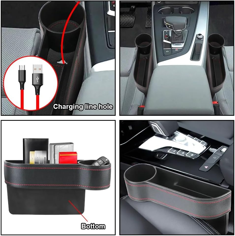 2 Pack Car Seat Gap Filler Organizer with Cup Holders &ndash; PU Leather Car Seat Side Console Storage Box for Phone, Keys, Drinks &ndash; Front Seat Organizer for Driver & Passenger image number 6