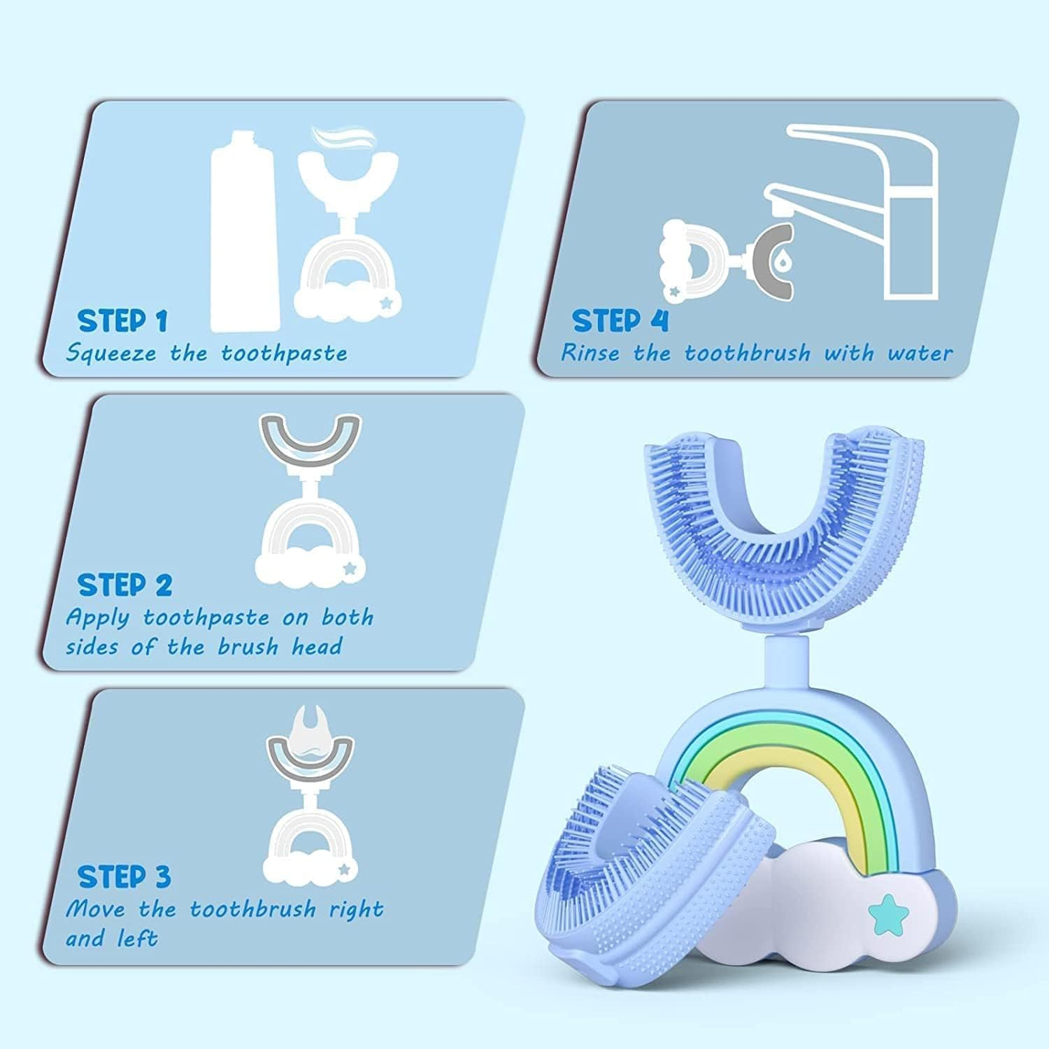 U-Shaped Children'S Toothbrush, Food-Grade Soft Silicone Toothbrush, 360&deg; Oral Cleaning Design for Infants (2-6 Years Old)(Blue) - Yellow image number 5