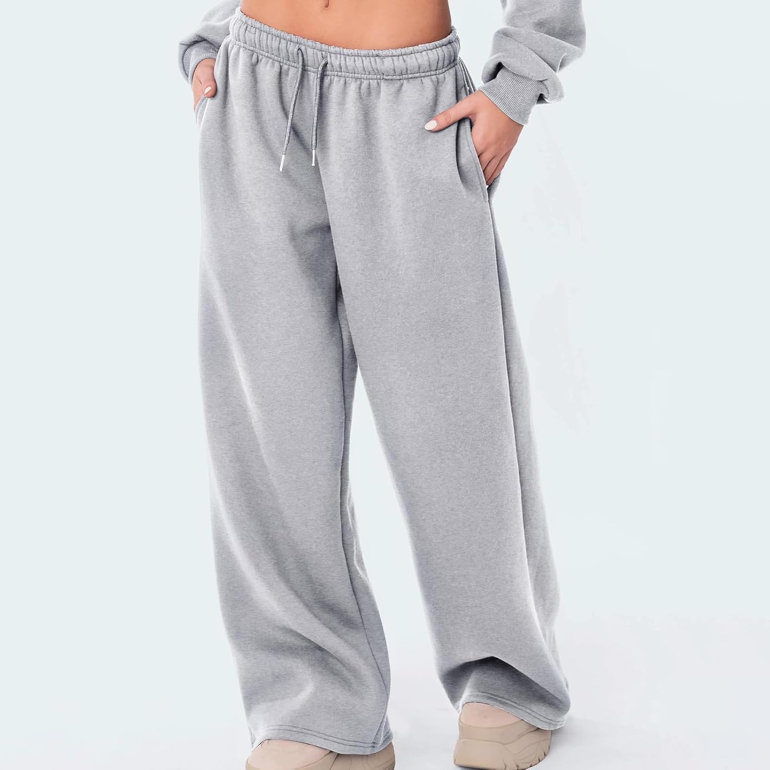 Women'S Causal Drawstring High Waist Baggy Straight Wide Leg Sweatpants Solid Color Loose Trousers with Pockets image number 5