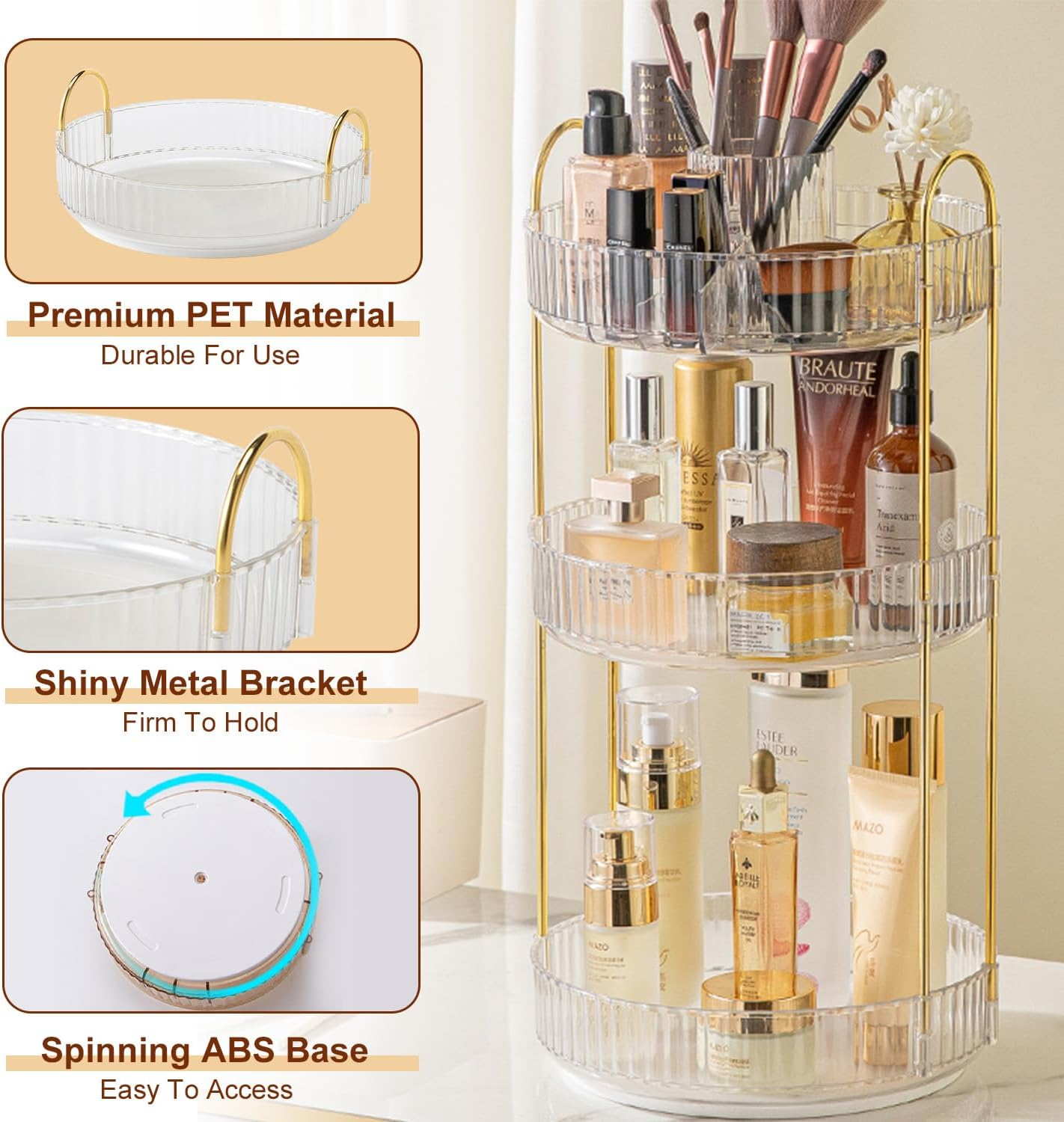 Rotating Makeup Organiser, Spinning Cosmetic Display Cases Vanity Organizer Countertop with 3 Layer Spacious Capacity and Divided Top for Skin Care,Makeup Brush,Lipstick,Perfume,Jewellery Organiser image number 1