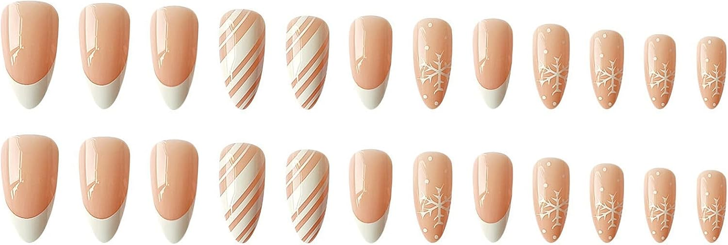 24 Pcs Snowflake Fake Nails Medium with White Nail Tips Designs, Almond Shaped Christmas Press on Nails Glossy Full Cover Glue on Nails with White Snowflakes Design for Women Girls image number 2
