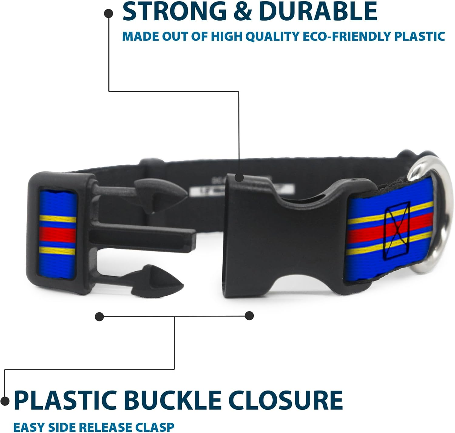 Buckle-Down Plastic Clip Dog Collar, Superman with Shield Stripe Blue/Yellow/Red, 15 to 26 Neck Size X 1.0 Inch Width