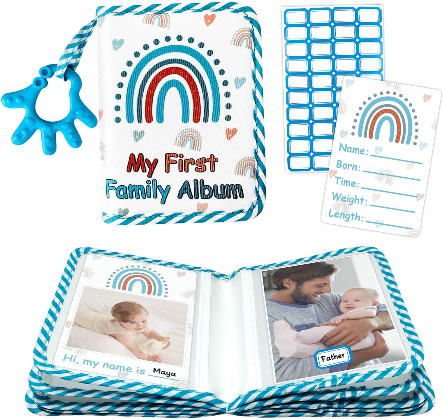 BOHEMIABY Baby Photo Album, My First Soft Photo Book Accommodates 4X6 Photos, Photo Albums with Milestones, Safety Mirror First Birthday (Blue Palms)