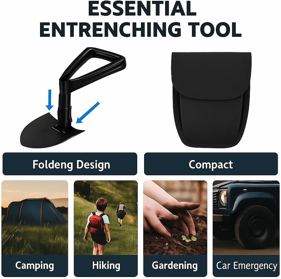 SYGELER Mini Folding Shovel - High Carbon Steel, 3-In-1 Portable Tactical Shovel for Camping, Hiking, Car Emergency - Lightweight Survival Gear with Pouch