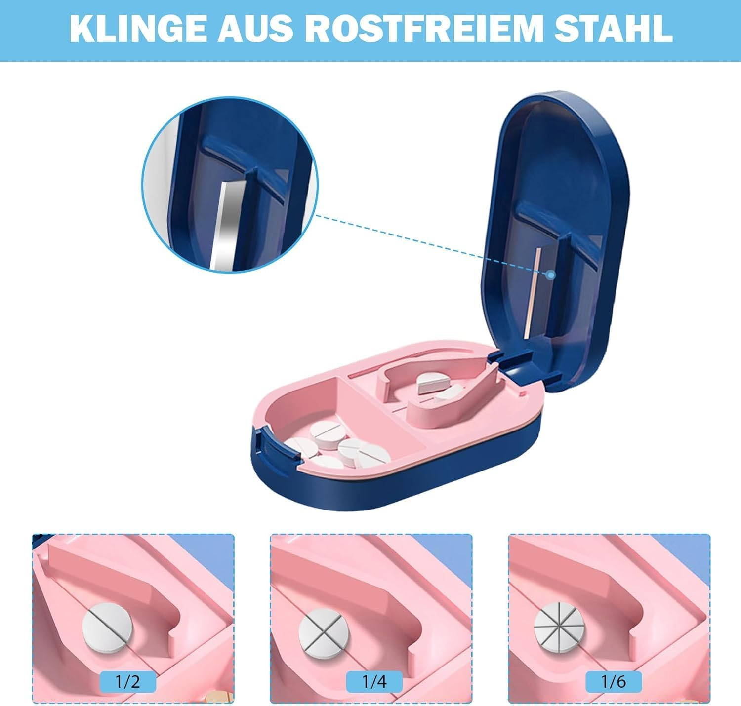 Pill Cutter for All Tablets, Small Tablet Cutter, Portable Pretty Pill Splitter, 2-In-1 Pill Splitter & Storage Compartment, Crusher for Tablets, Medication, Vitamins - Blue image number 3