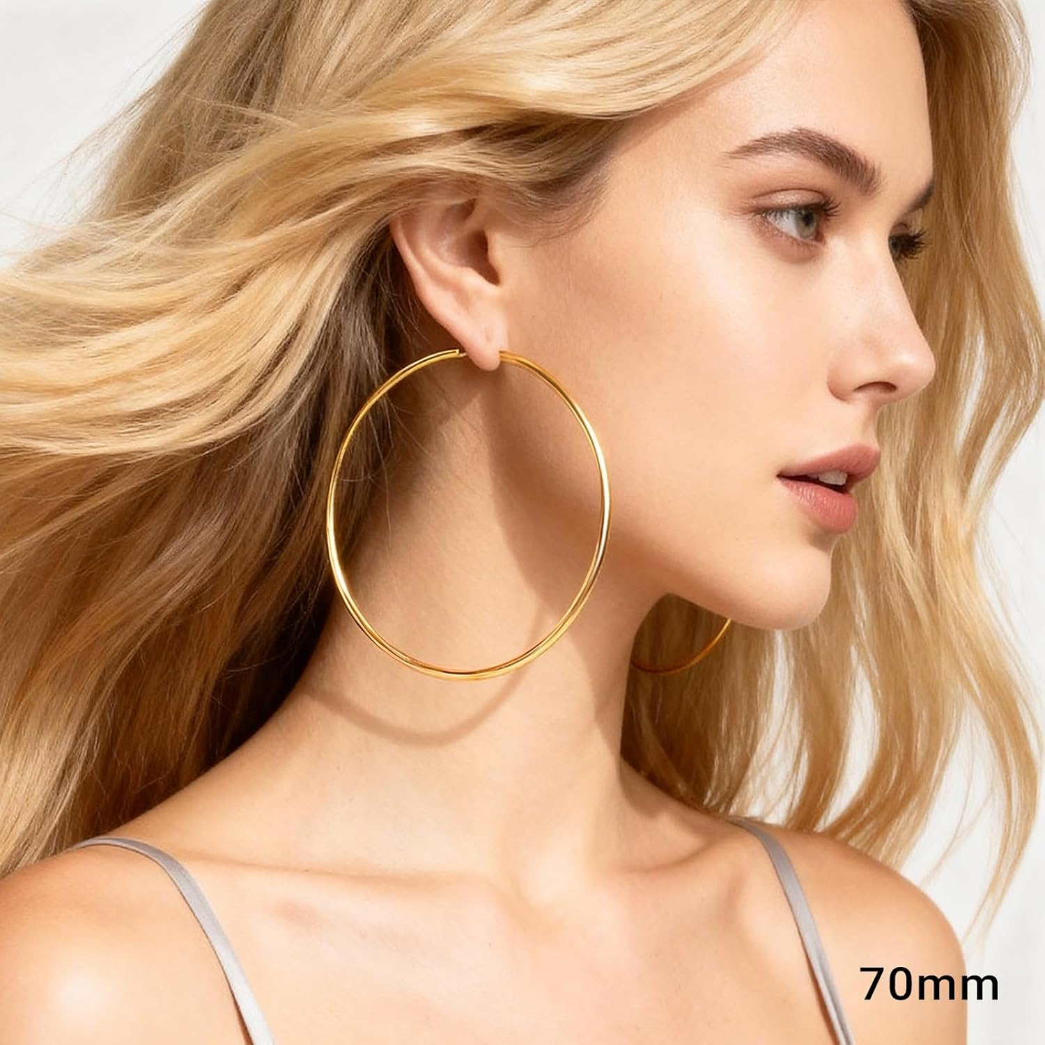 LIAN Hoop Earrings for Women 18K Gold Plated Endless Hoops Stainless Steel 2Mm Thick Simple Lightweight Large Huggie Earrings 30-70MM image number 3