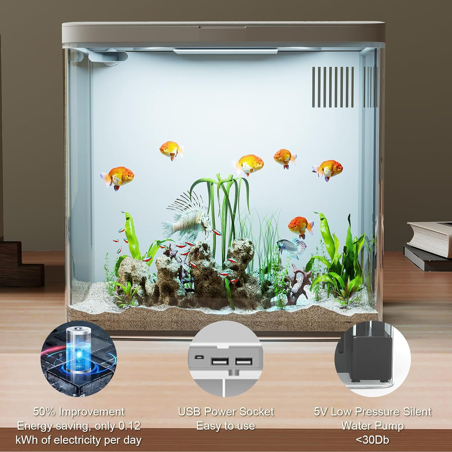 Gugxiom 5L Betta Fish Tank, 1.5 Gallon Mini Small Aquarium with Auto-Cyclic Filtration and LED Lighting, Fish Bowl for Home and Office Desktops (White)