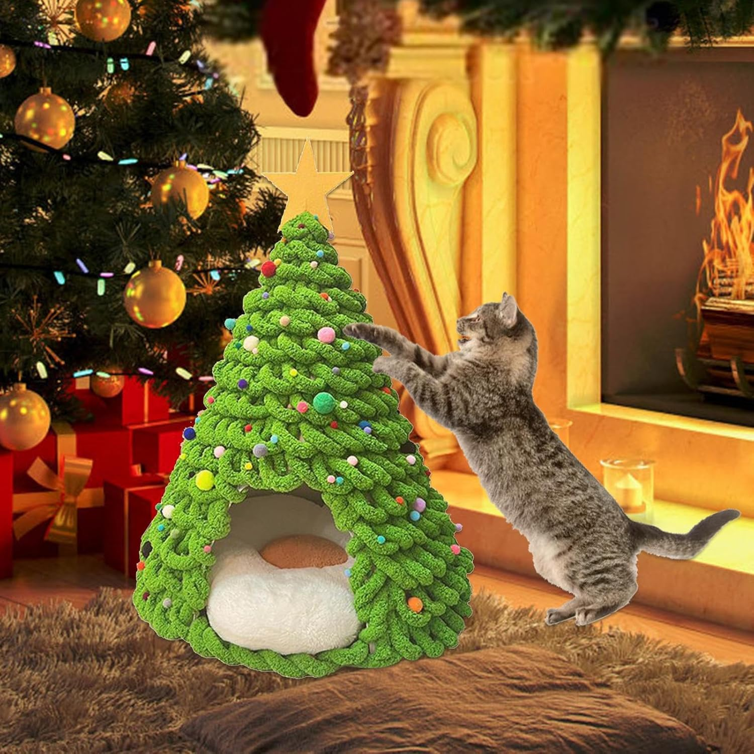 Cat Christmas Tree Bed - Kitten Cave Beds Material Set,Cave House Furniture Craft Decorations for Cats Dogs Pets Family Friends Holiday image number 4