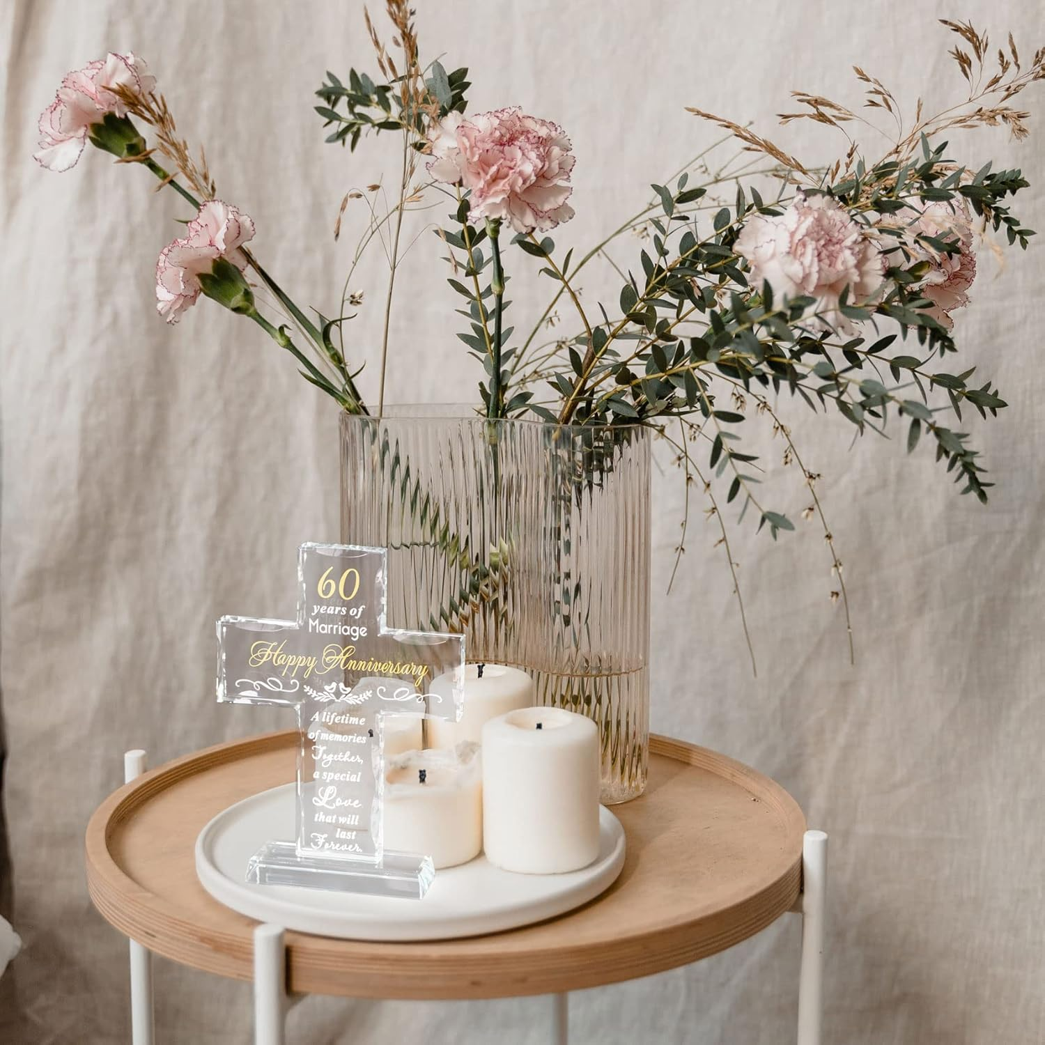 YWHL 60Th Anniversary Cross Gifts for Couple Parents, 60 Years Wedding Anniversary Keepsake for Him Her, Laser Carved 60 Years of Marriage Glass Cross Decoration image number 2